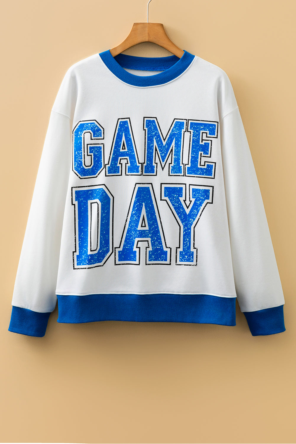 White GAME DAY Letter Graphic Varsity Striped Detail Baggy Sweatshirt