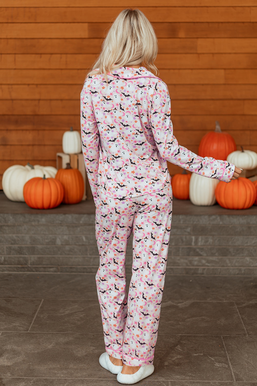 Pink Halloween Eve Haunted Honey Bat Print Pajama Set