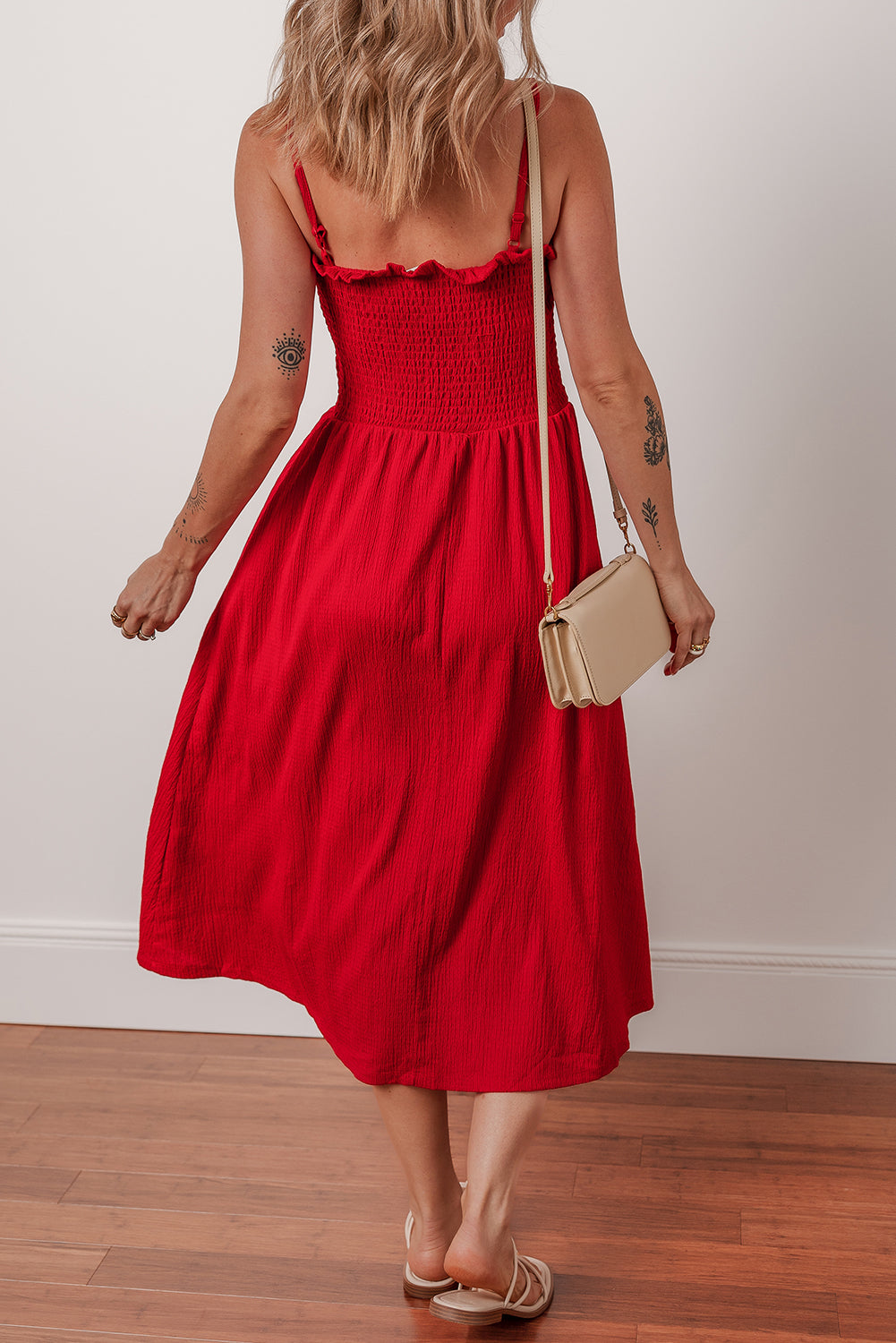 Racing Red Textured Shirred Ruffled Trim Spaghetti Strap Midi Dress