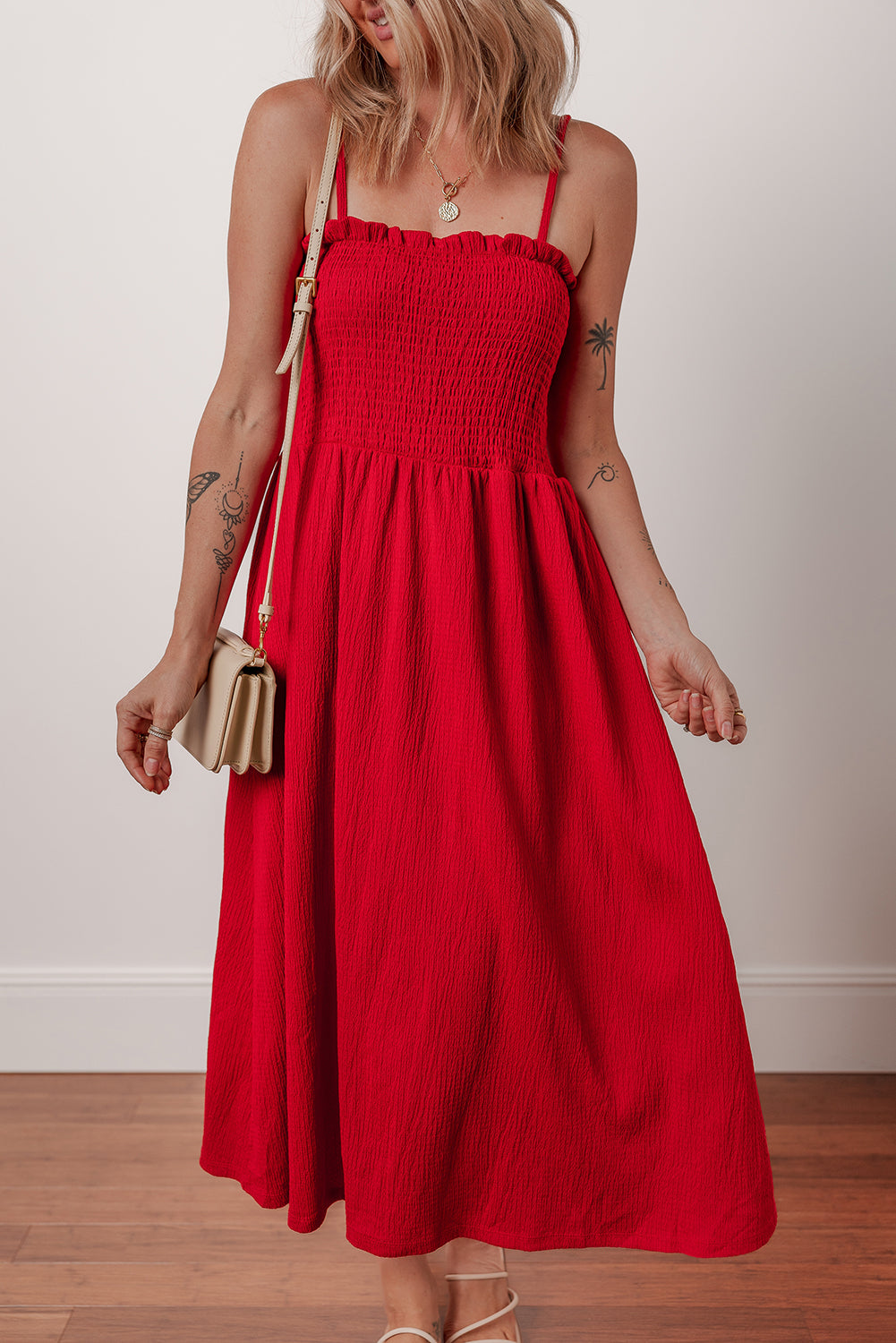 Racing Red Textured Shirred Ruffled Trim Spaghetti Strap Midi Dress