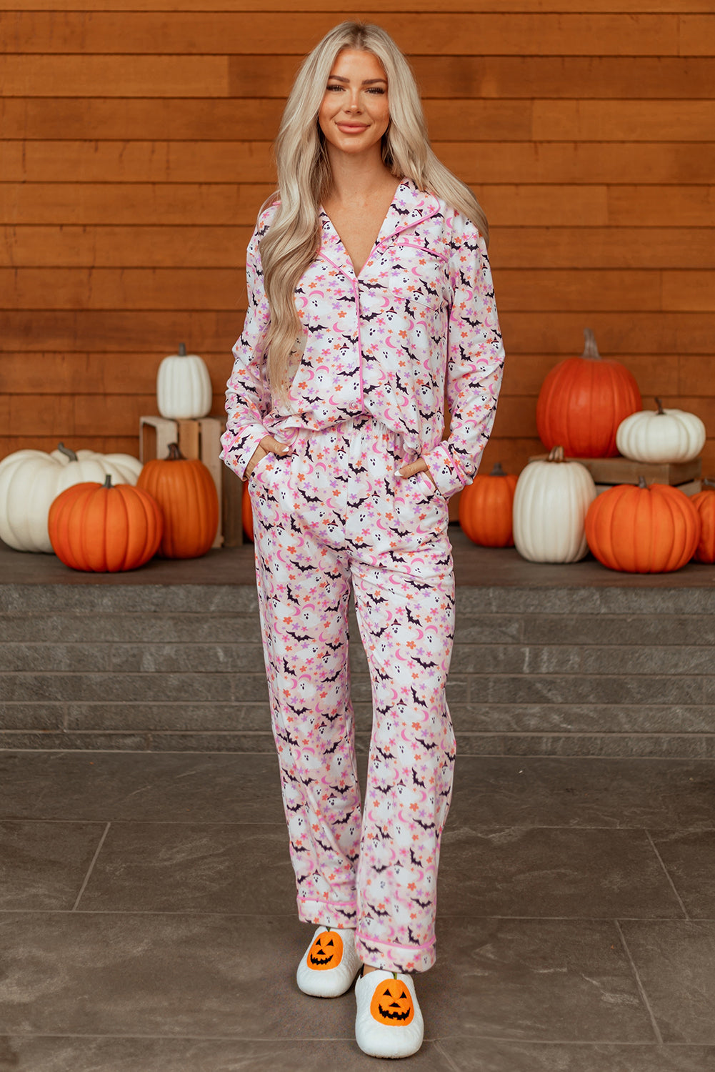 Pink Halloween Eve Haunted Honey Bat Print Pajama Set