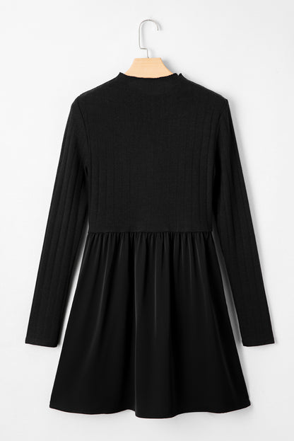 Black Frilled Neck Ribbed Knit Patchwork Long Sleeve Mini Dress
